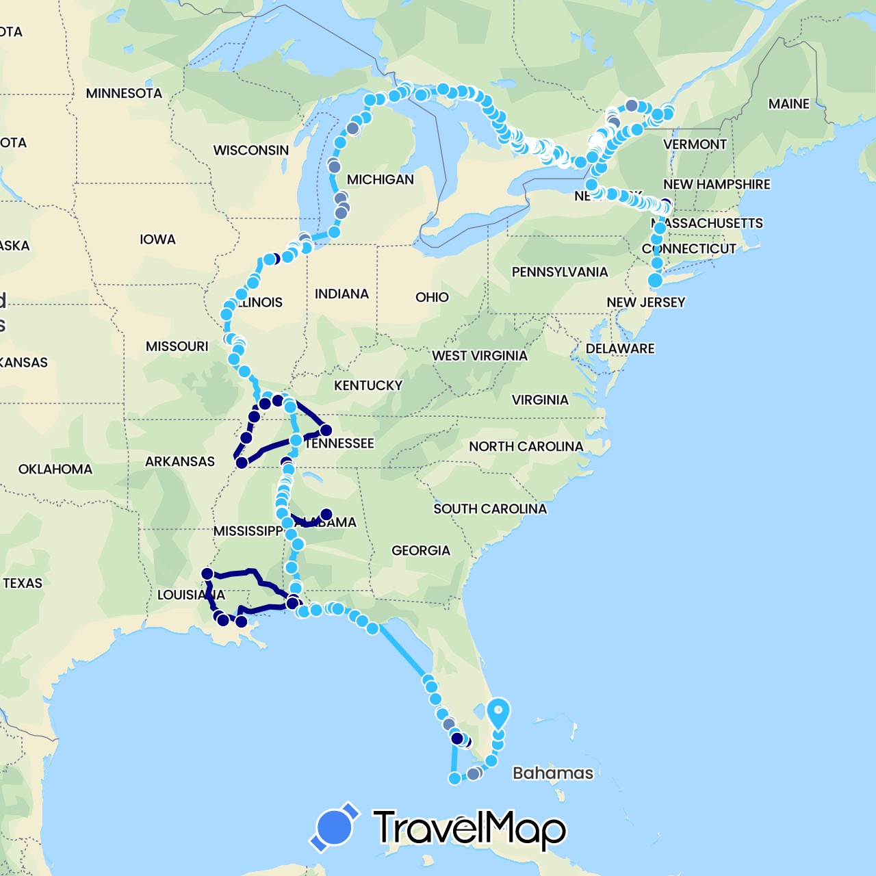 TravelMap itinerary: driving, cycling, boat in Canada, United States (North America)